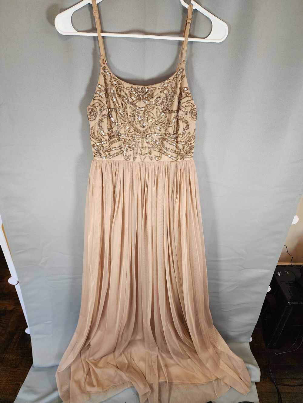 Maya Deluxe Sequined Nude Maxi Dress with Spaghetti Straps